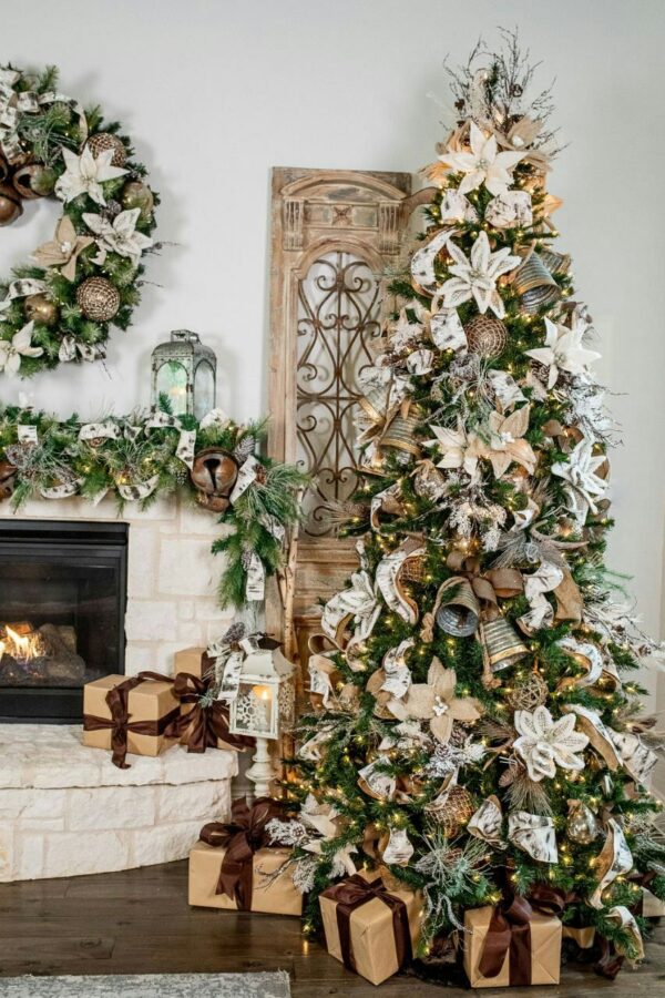 Rustic Elegance Christmas Tree with Burlap & Cream Poinsettias – 7.5ft Woodland Luxury