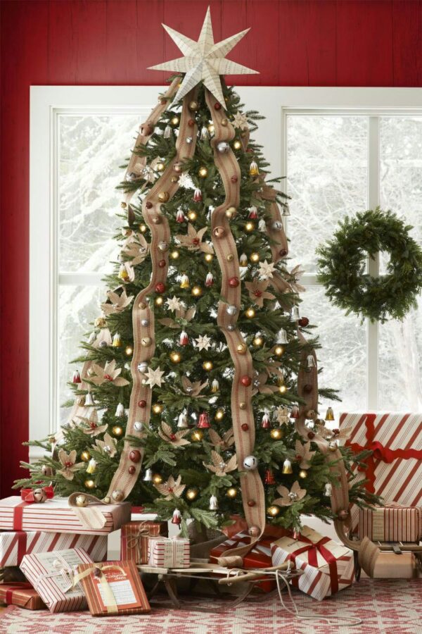 Farmhouse Rustic Christmas Tree with Burlap Bells & Warm Lights – 7ft Cozy Charm