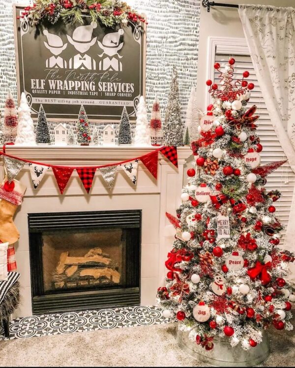 Rustic Red & Plaid Flocked Christmas Tree with Inspirational Words – 6ft Cozy Cabin