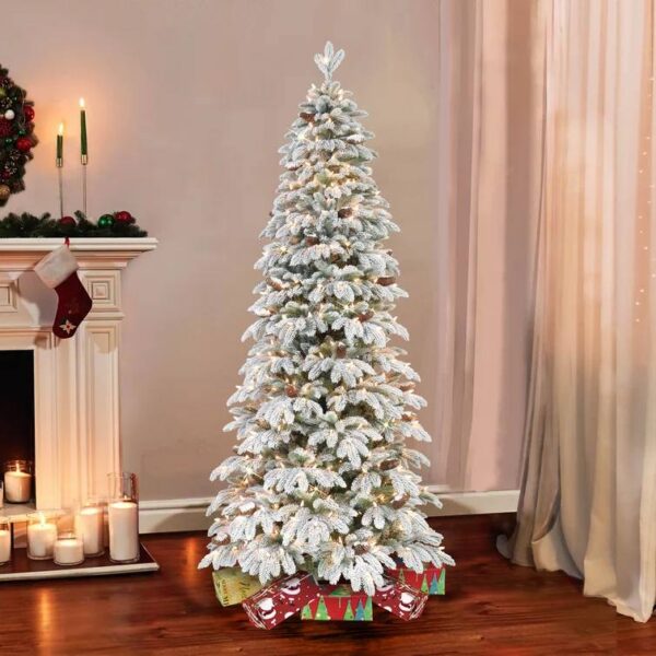 Slim Snow Flocked Pre-Lit Christmas Tree with Pinecones – 6ft Winter Glow