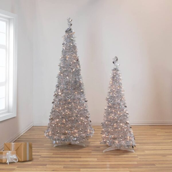 Retro Silver Tinsel Christmas Tree Pre-Lit – 6ft Shiny Glam