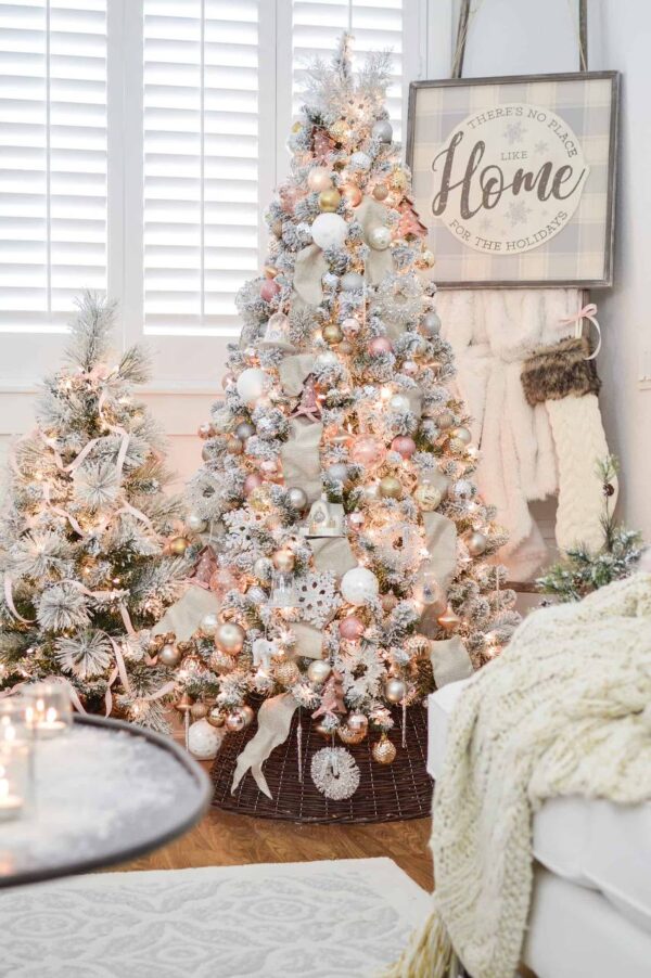 Rose Gold & Cream Flocked Christmas Tree with Warm Lights – 7ft Romantic Winter